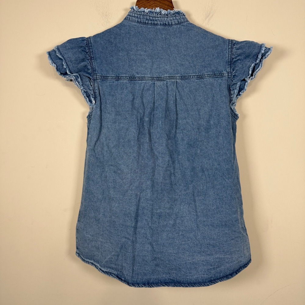 Lucy Pearl Boutique Denim Frayed Edge Flutter Sleeve Button Down Shirt Medium - Picture 2 of 6